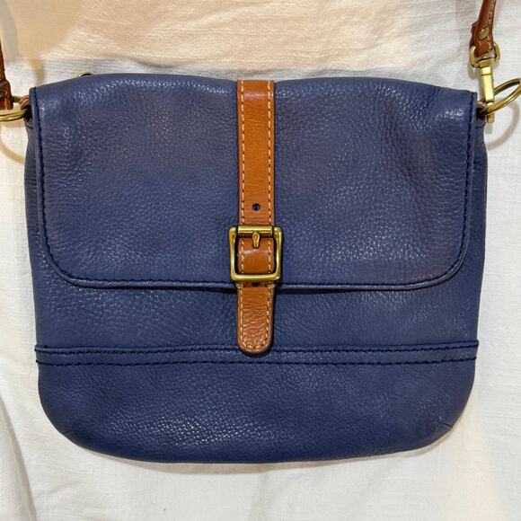 Fossil Blue Pebbled Leather Crossbody Bag Brown Trim Vintage Style - Picture 15 of 15